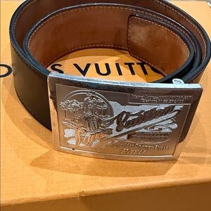 Louis Vuitton Black and Brown Leather Belt with Silver Buckle